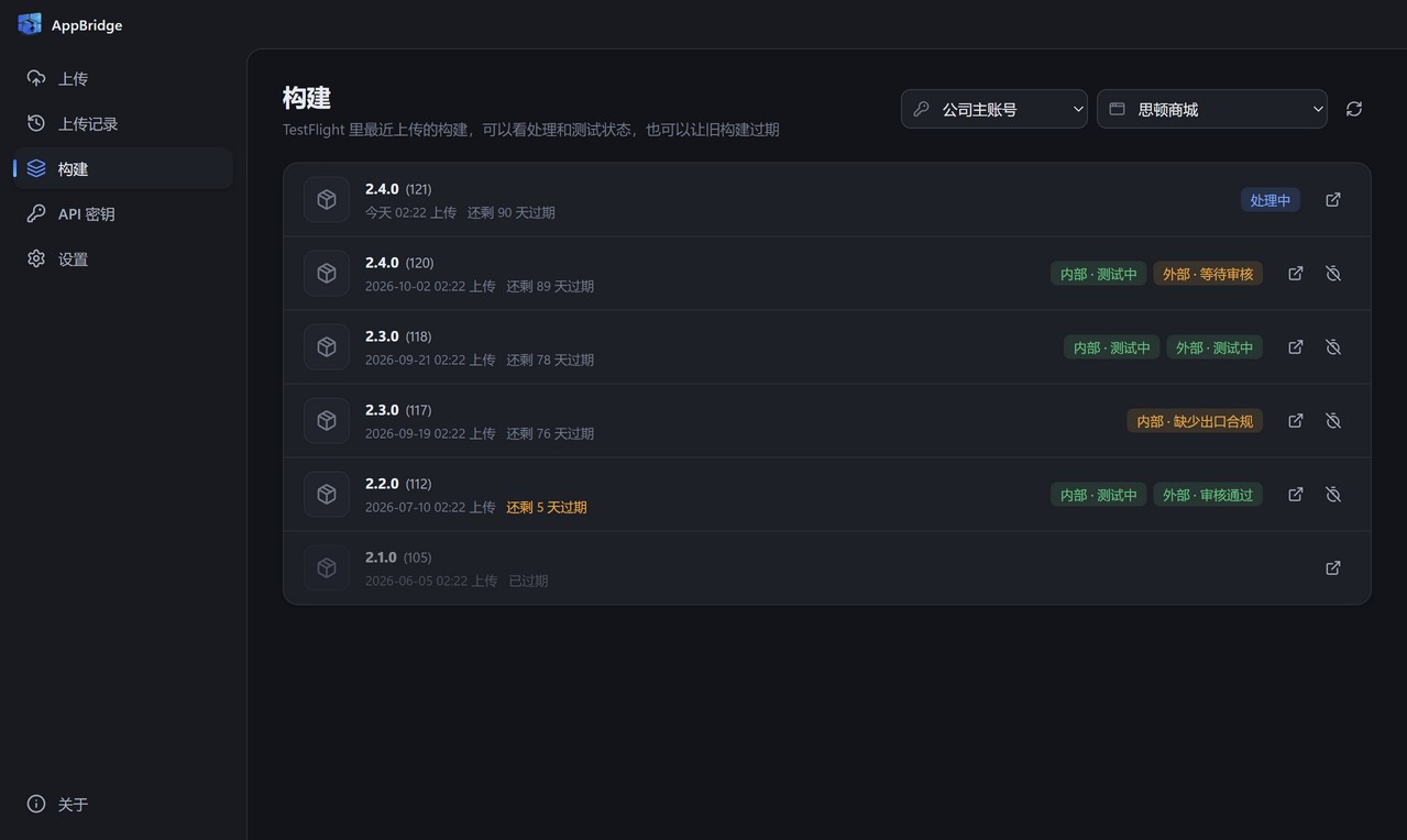 构建页：列出各版本的处理状态与 TestFlight 测试状态