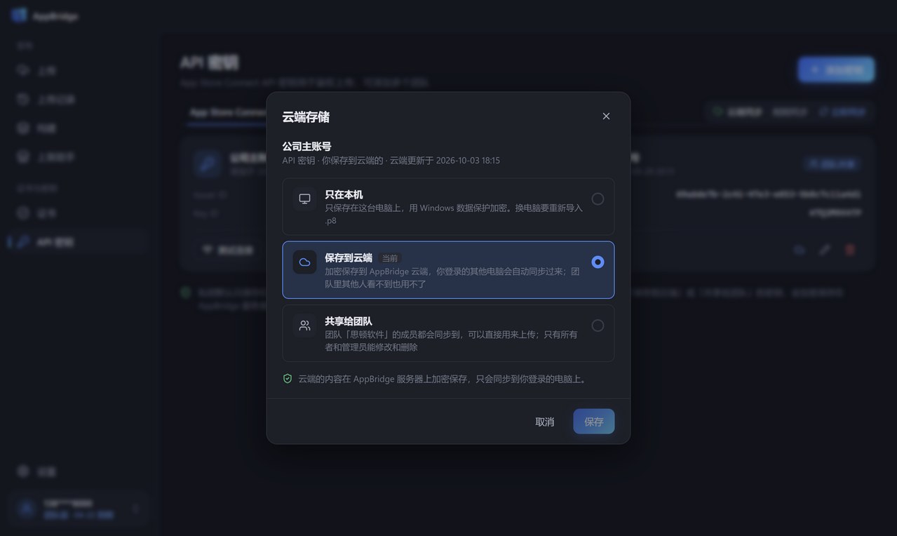 云端存储设置：一把 API 密钥可以选择只在本机、保存到云端或共享给团队