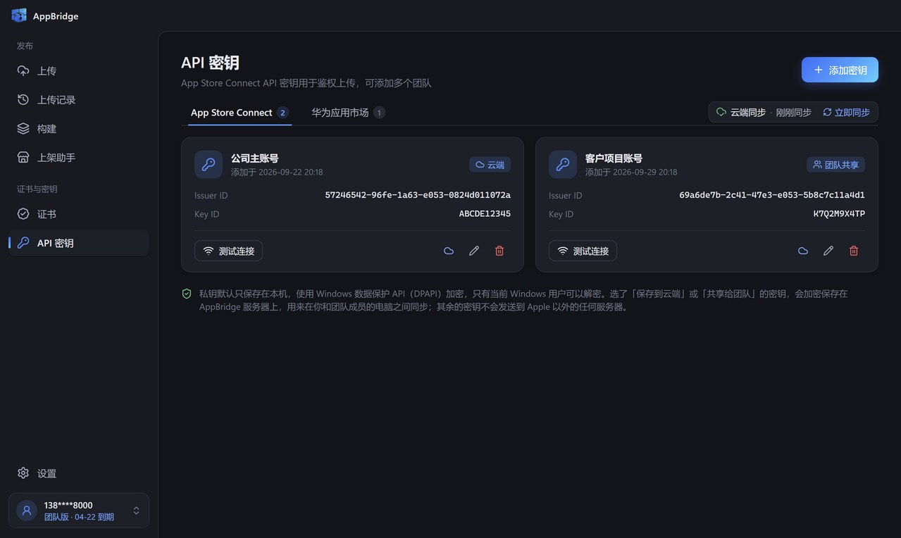 API 密钥页：每把密钥标出云端或团队共享，可以测试连接、编辑和删除
