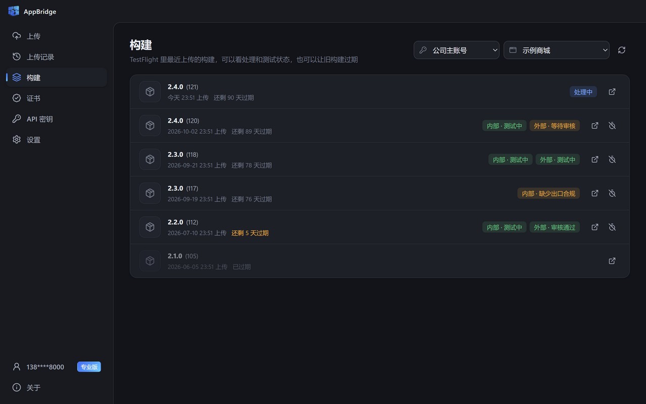 构建页：各版本的处理状态与 TestFlight 测试状态