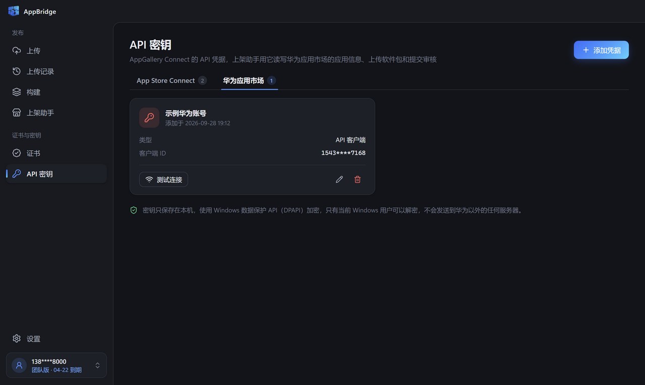 API 密钥页的华为应用市场栏：已添加的 API 客户端凭据