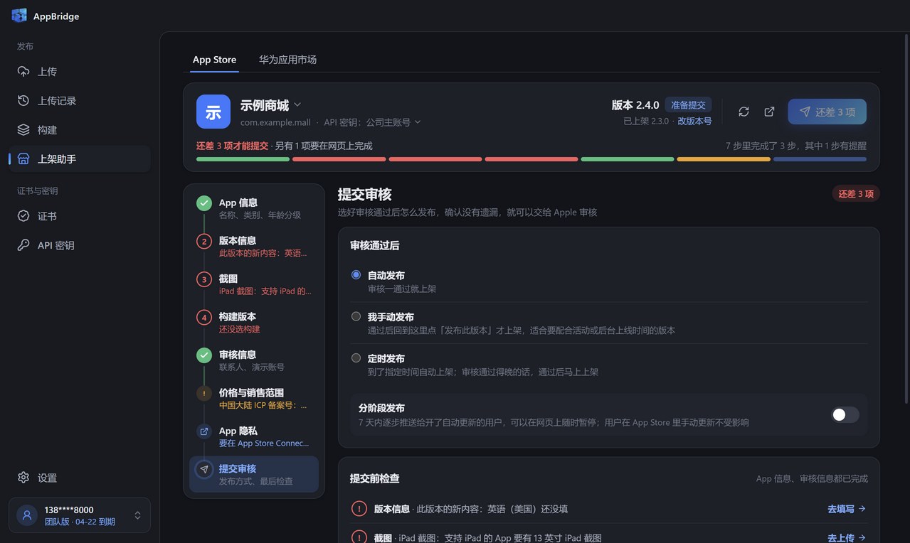 上架助手的提交审核步骤：审核通过后的发布方式和提交前检查清单