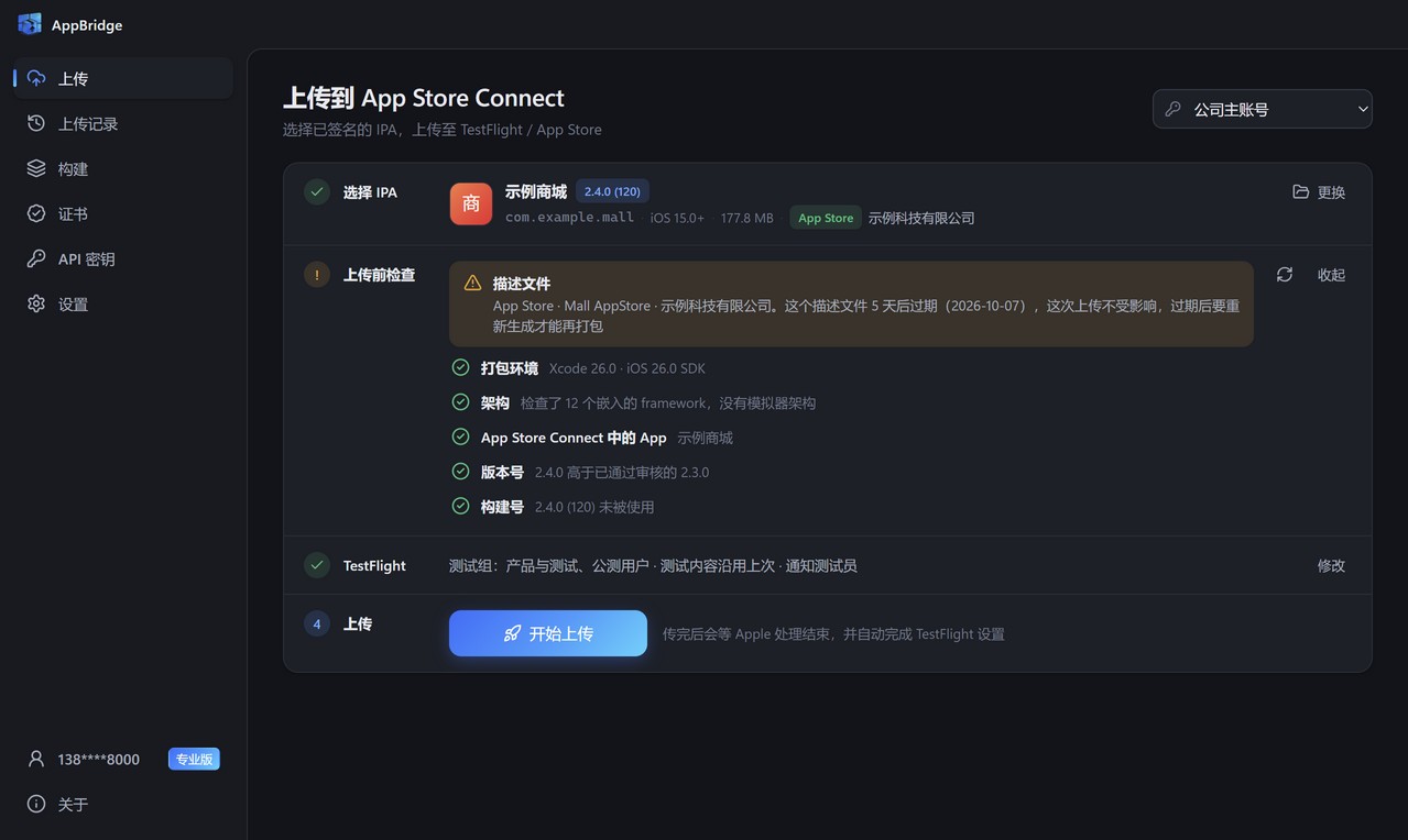 上传前检查结果：描述文件即将过期的提醒，其他检查项全部通过