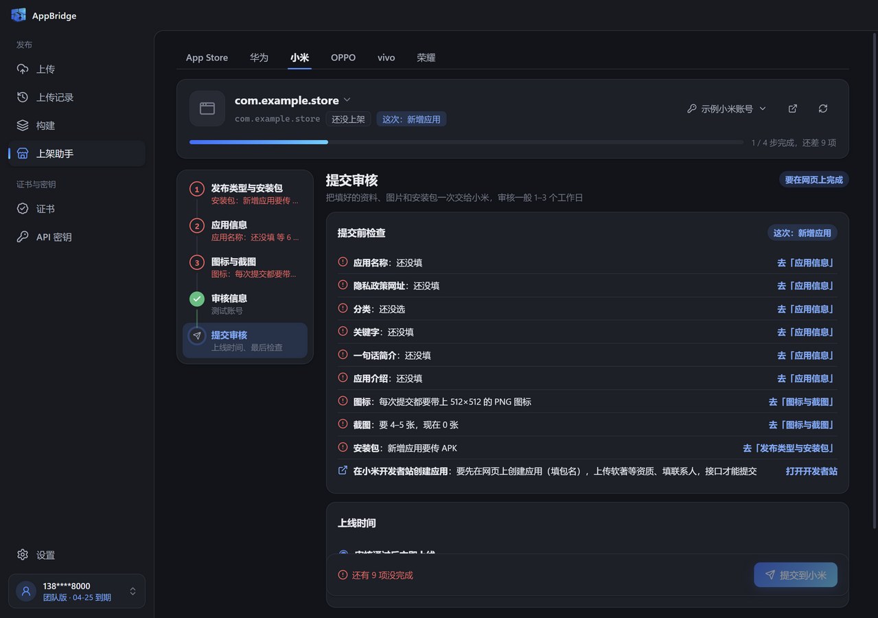 小米上架助手的提交审核步骤：提交前检查列出还缺的项，每项后面有去对应步骤的链接，最后一项要在小米开发者站创建应用